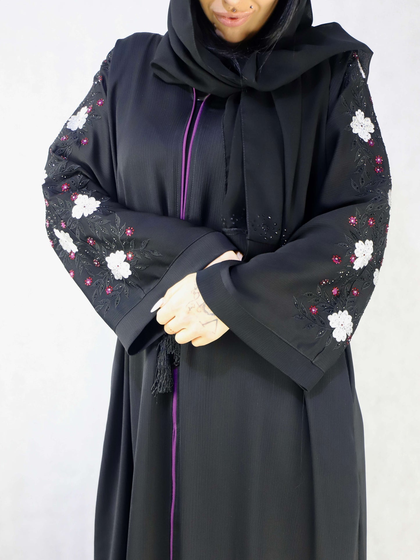 Embroidery Abaya And Stonework, Black Open Abaya.