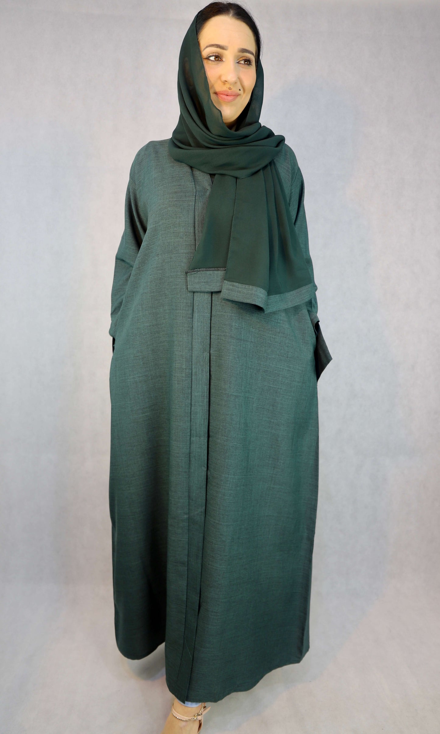 Lina open Abaya in Forest Green Elegant Design.