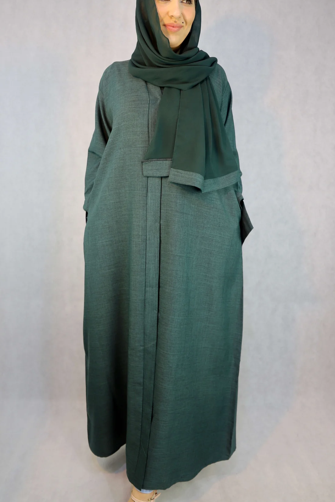 Lina Open Abaya in Forest Green Elegant Design.