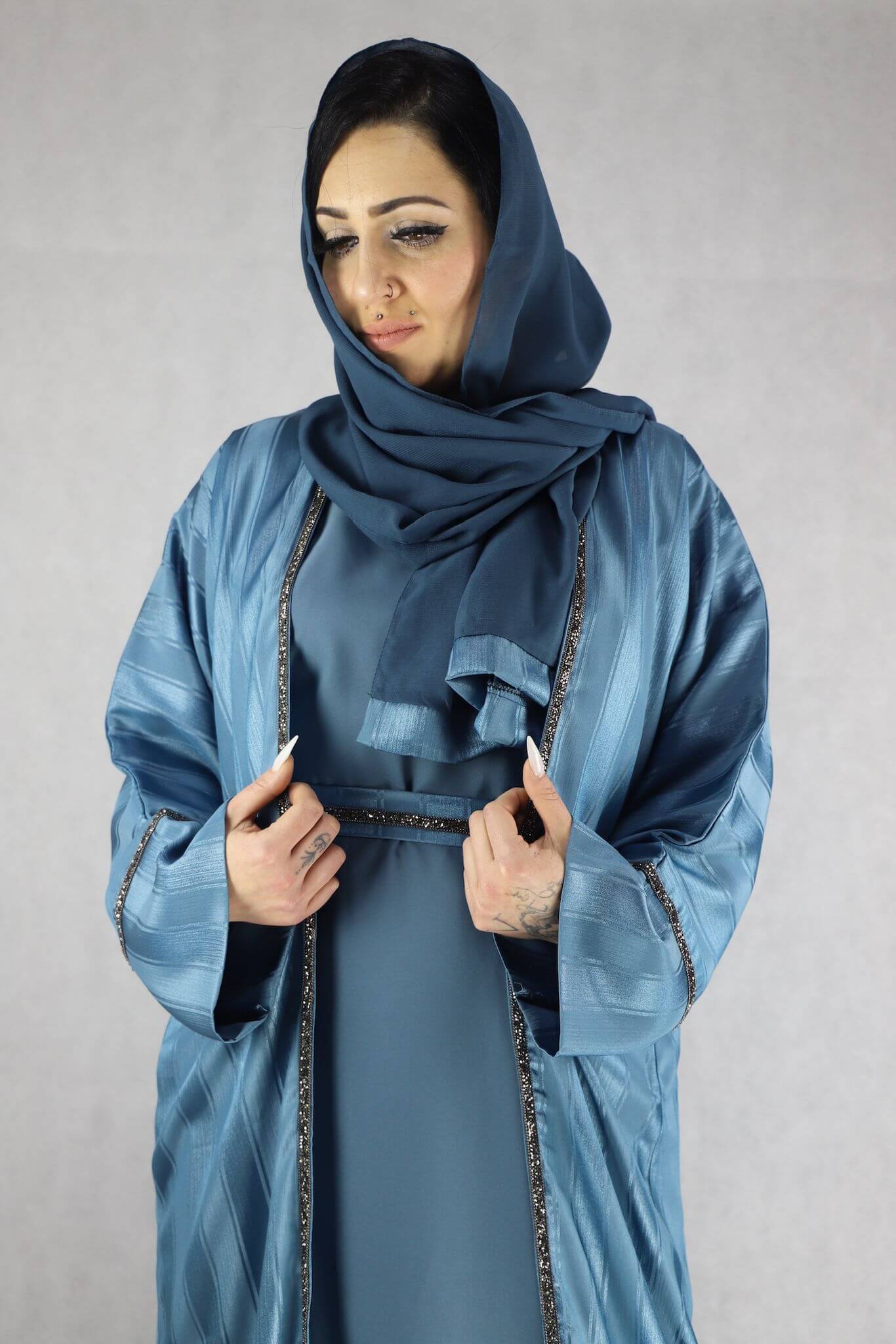 Elegant For Piece Blue Color Abayas For Women Modest Dress.