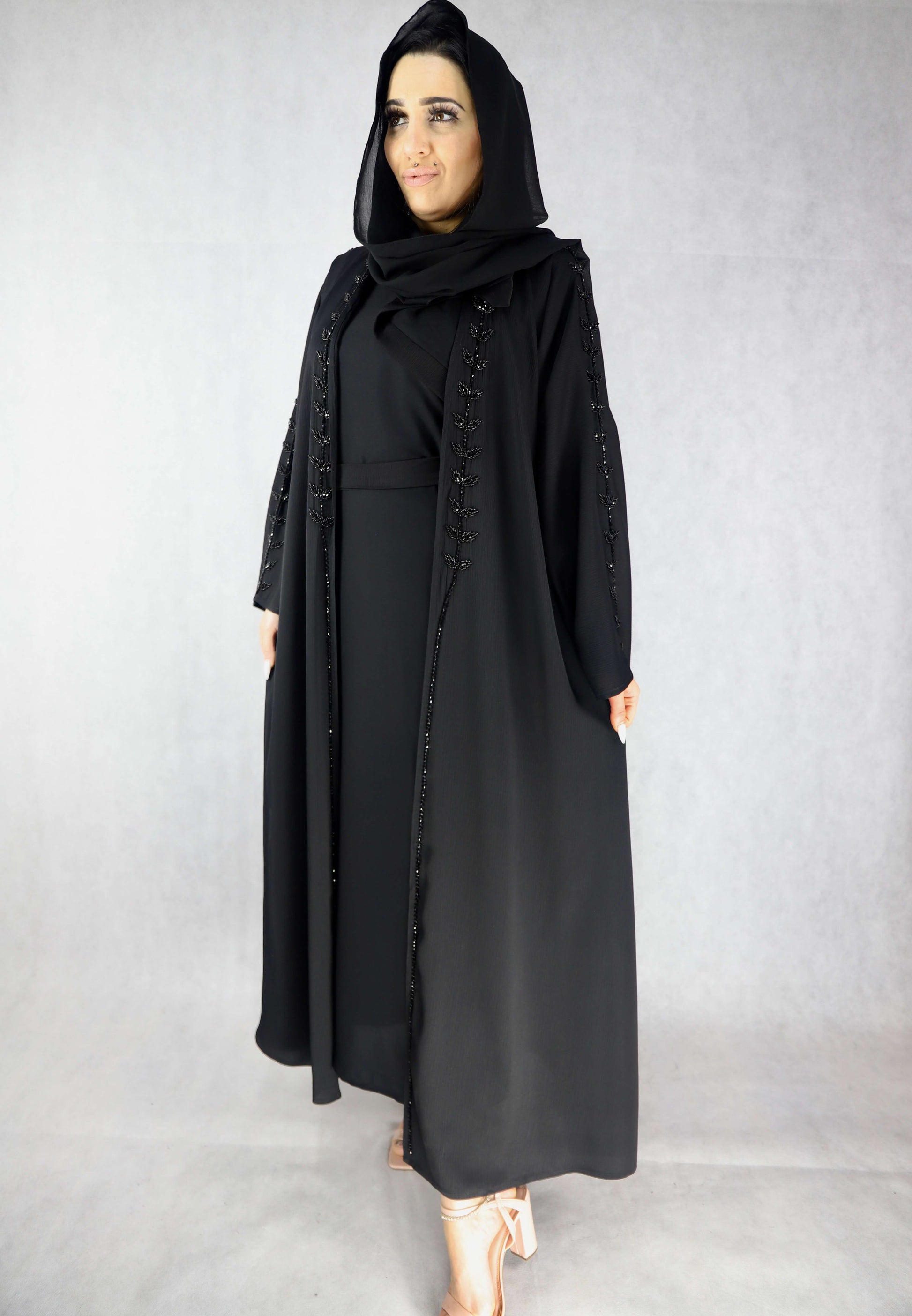 Party Wear Black Abaya With Inner Slip Dress, Beautiful Stone Handwork