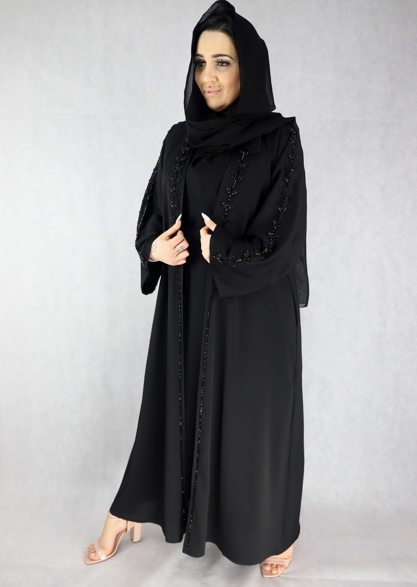 Party Wear Black Abaya With Inner Slip Dress, Beautiful Stone Handwork
