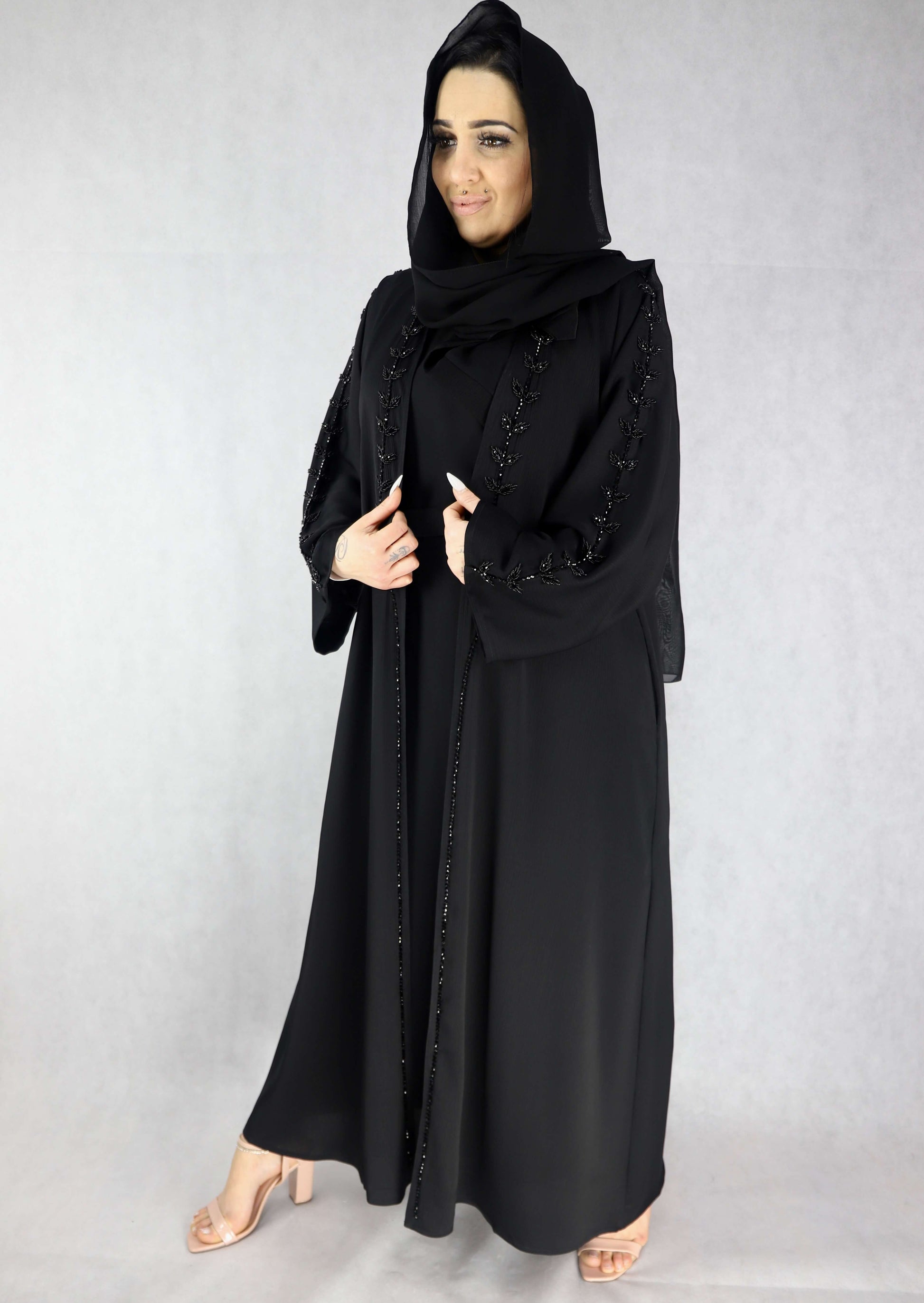 Party Wear Black Abaya With Inner Slip Dress, Beautiful Stone Handwork
