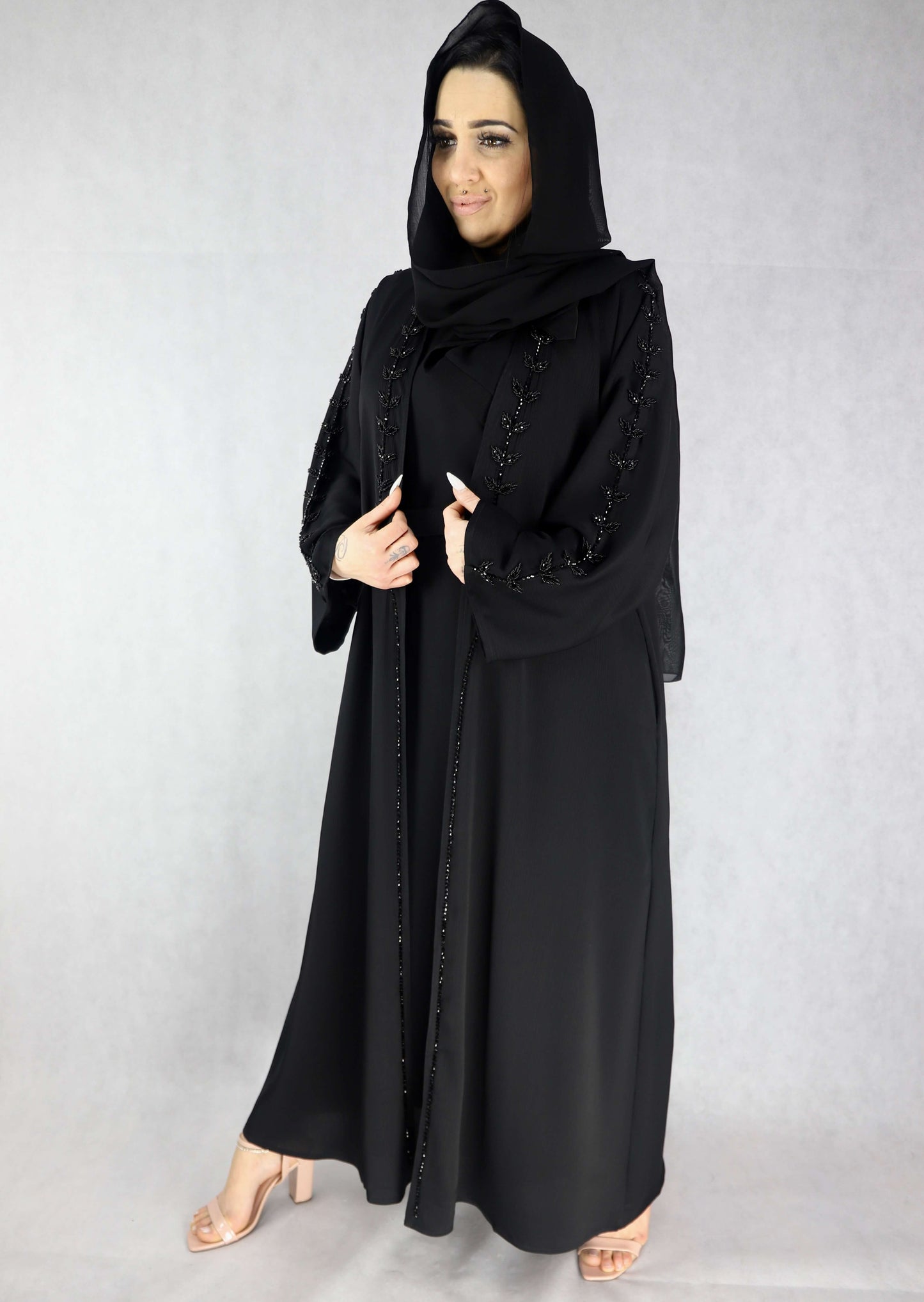 Party Wear Black Abaya With Inner Slip Dress, Beautiful Stone Handwork