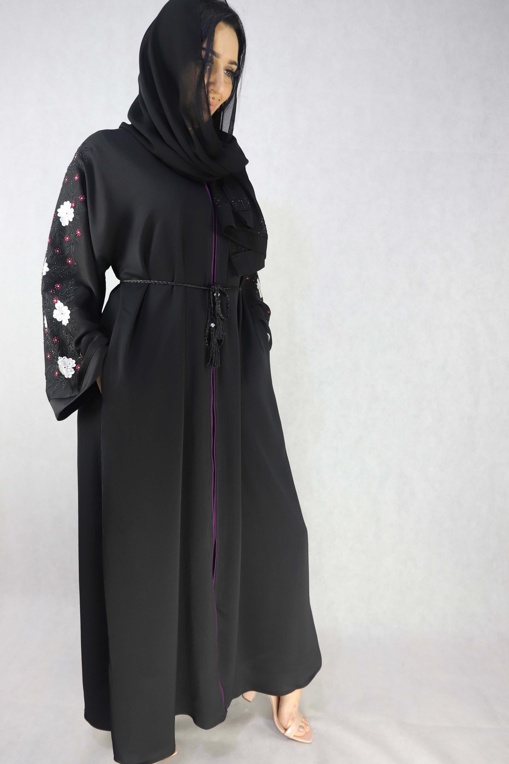 Embroidery Abaya And Stonework, Black Open Abaya.