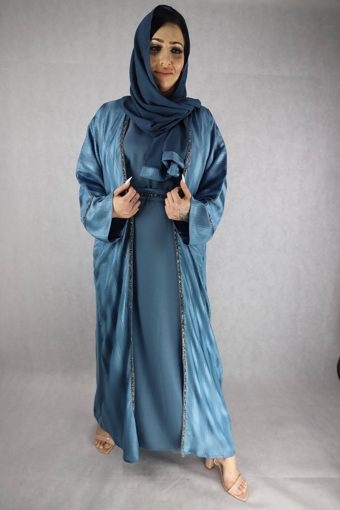 Elegant For Piece Blue Color Abayas For Women Modest Dress.