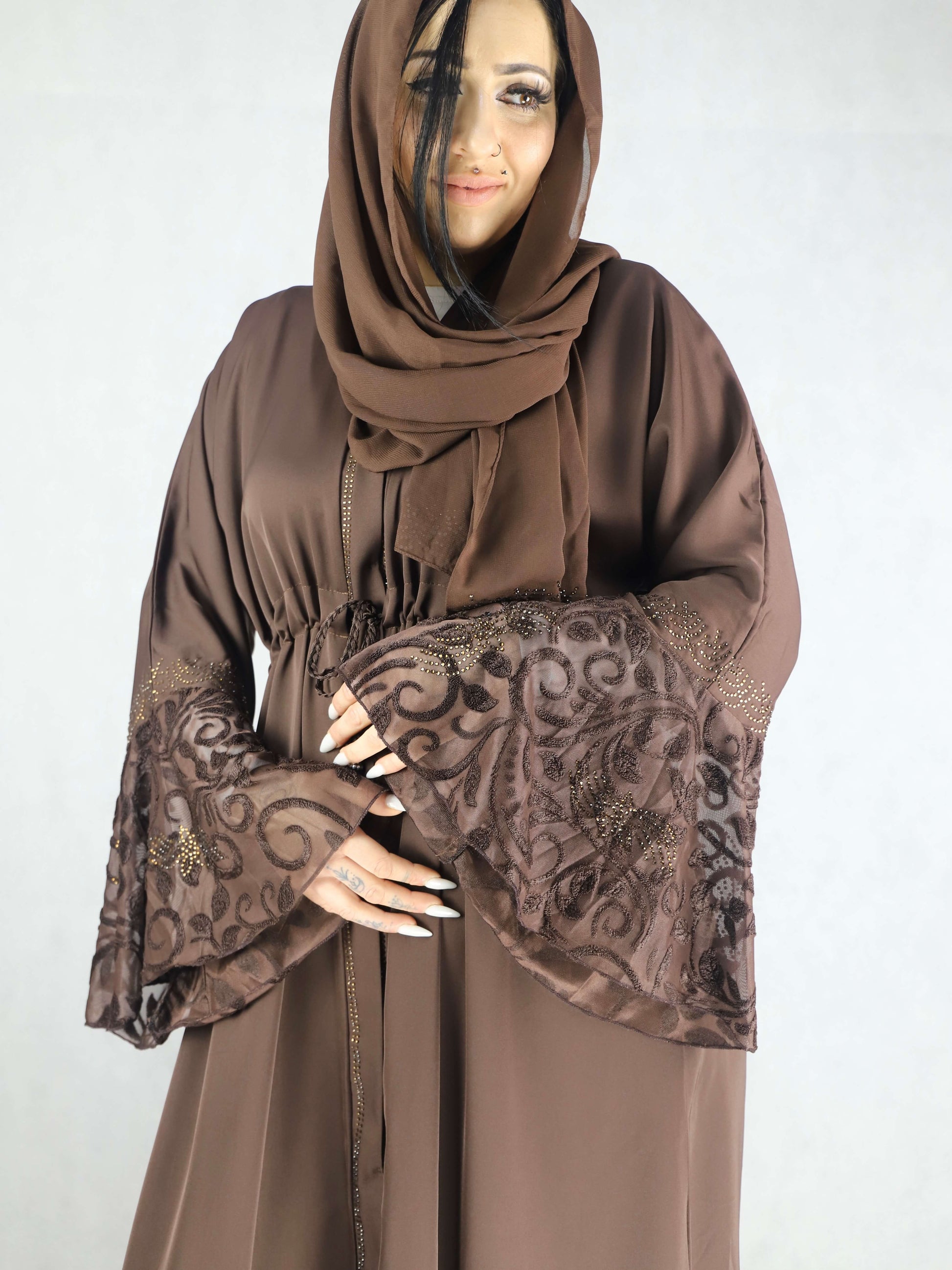 Classic brown Nida material  Floral abaya  Dress For Women
