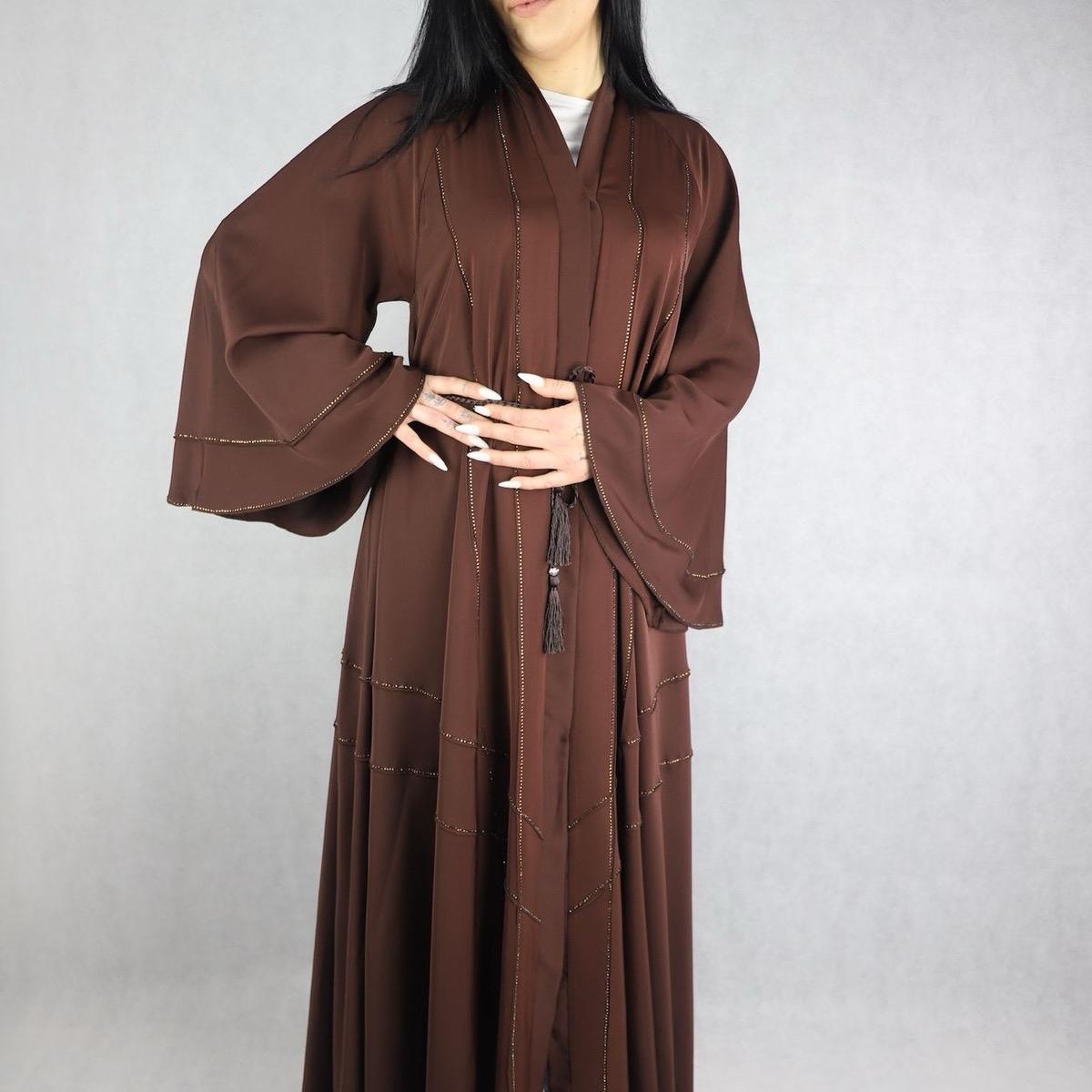 Nida Abaya Material Chocolate Colour Three Pieces Open Abaya