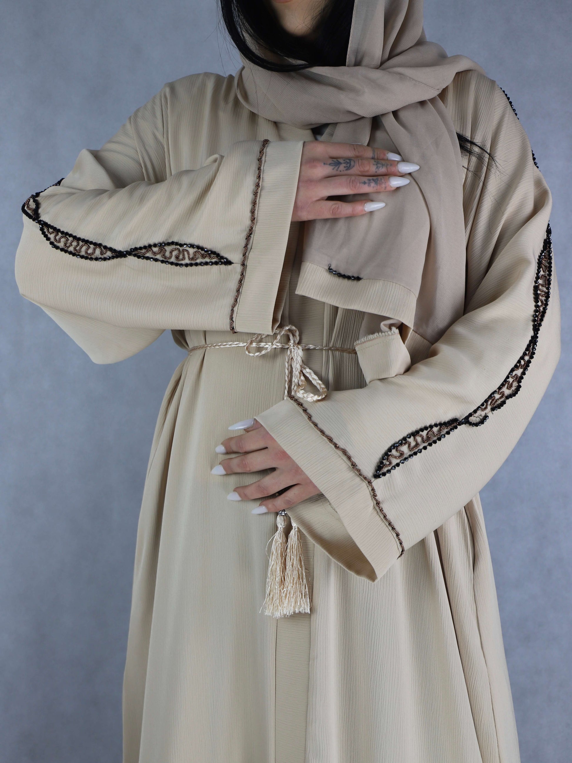 Handwork Cream Color Abaya Luxurious Open Abayas.