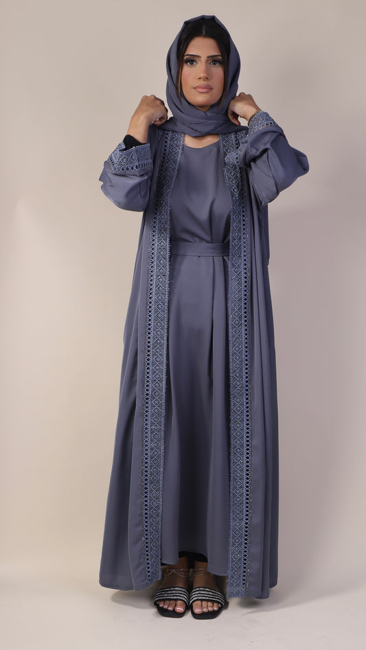 Elegant Bluish-gray shade  Embroidered lace Abaya