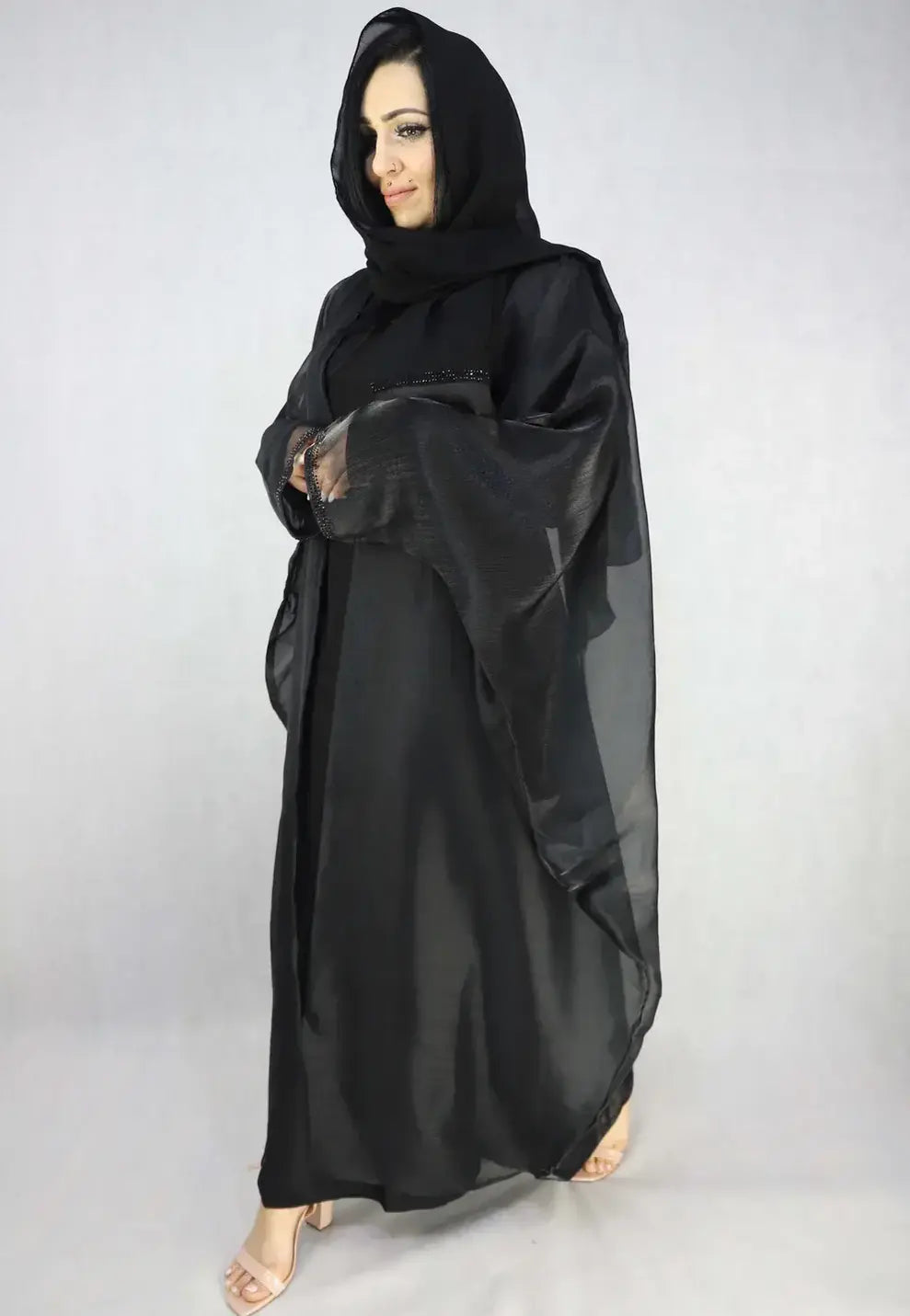 Elegant Black Butterfly Abaya With Stonework Modest Dresses For Women.