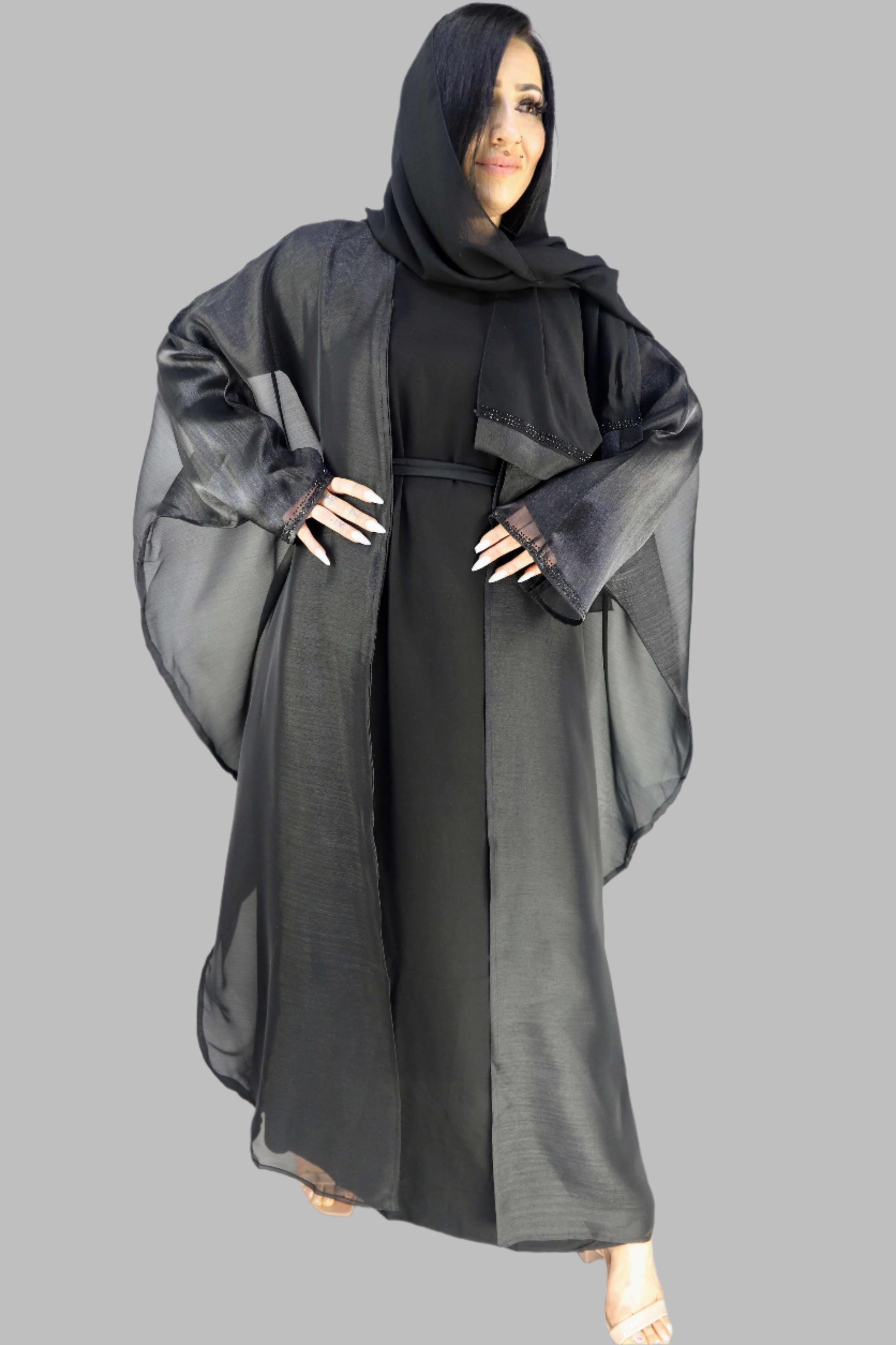 Elegant Black Butterfly Abaya With Stonework Modest Dresses For Women