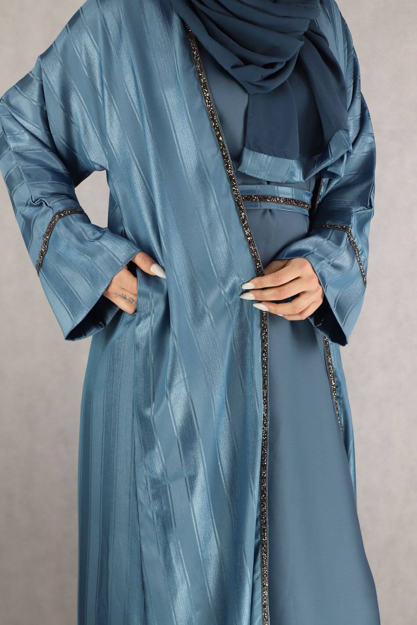 Elegant For Piece Blue Color Abayas For Women Modest Dress.