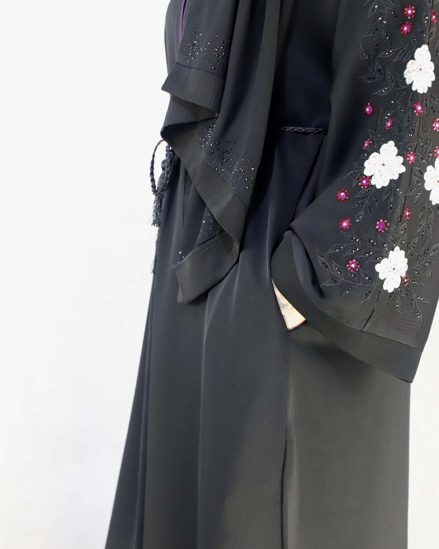 Embroidery Abaya And Stonework, Black Open Abaya.