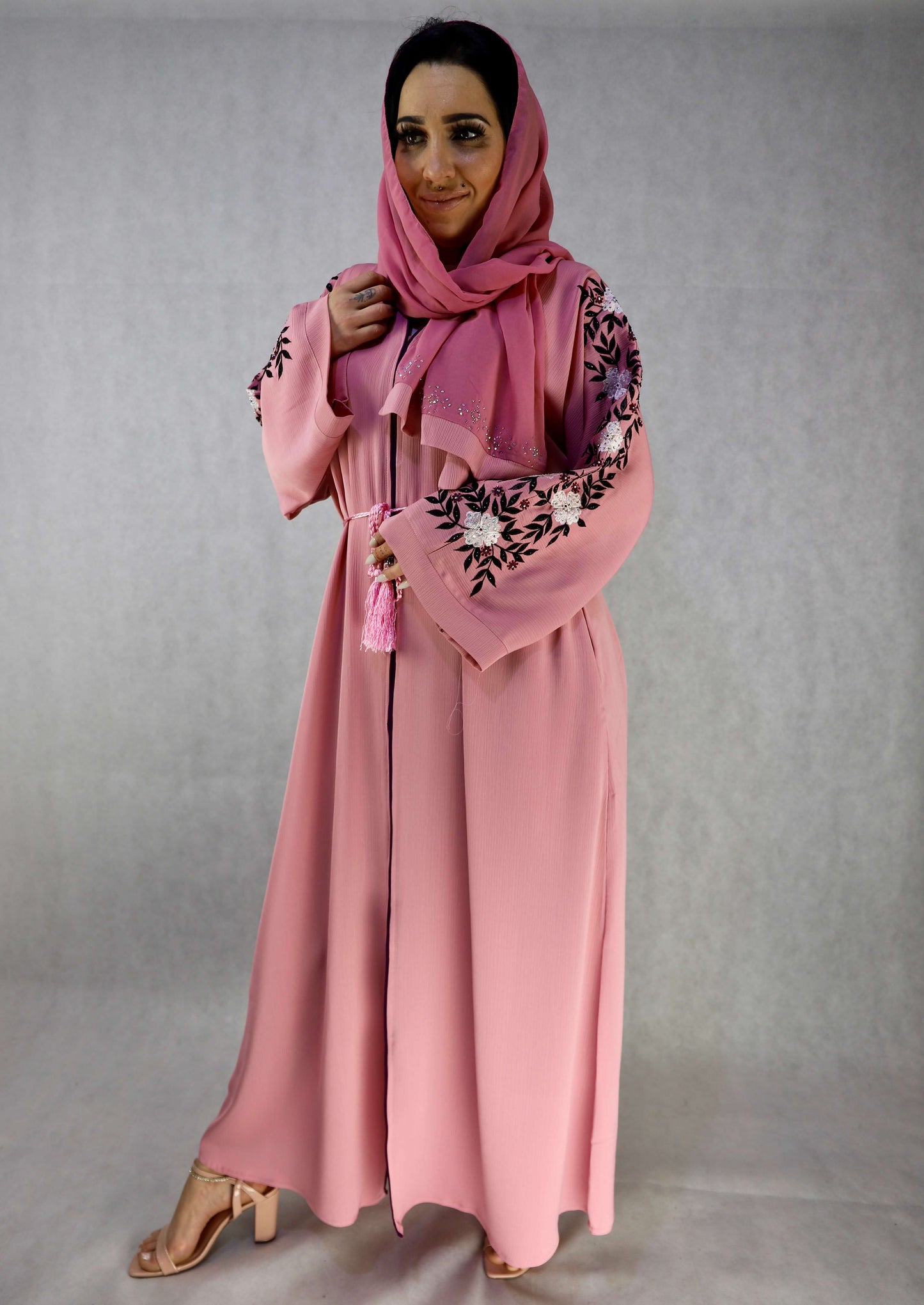 Embroidery Abaya With Stonework, Open Pink Abaya.