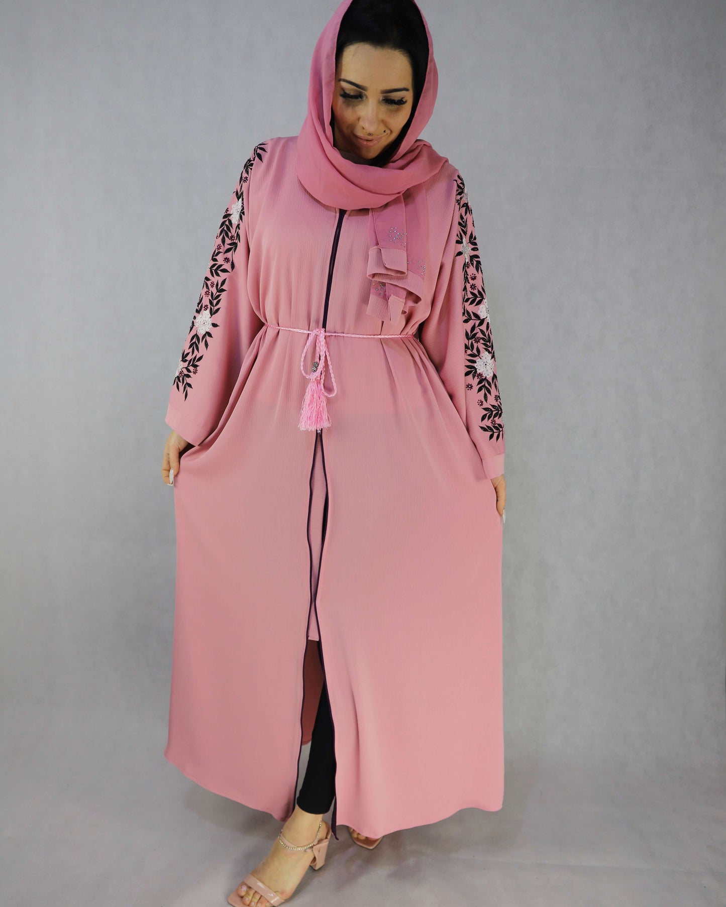 Embroidery Abaya With Stonework, Open Pink Abaya.
