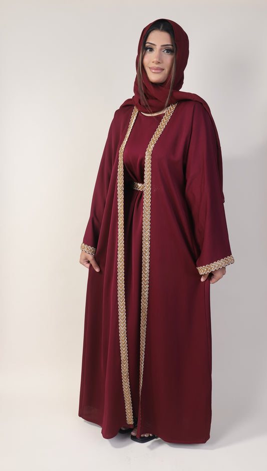 Strong work lace  Maroon Abaya with Gold Trim and Matching Hijab