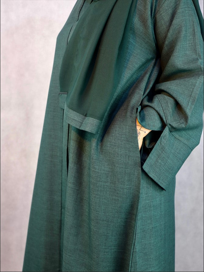 Lina open Abaya in Forest Green Elegant Design.