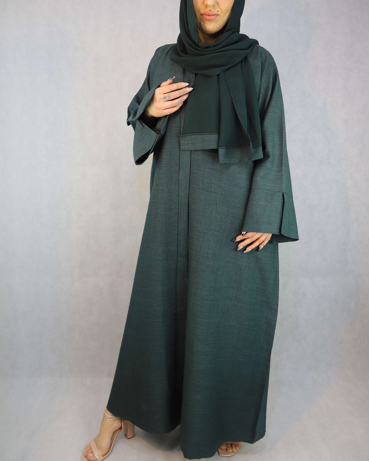 Lina open Abaya in Forest Green Elegant Design.