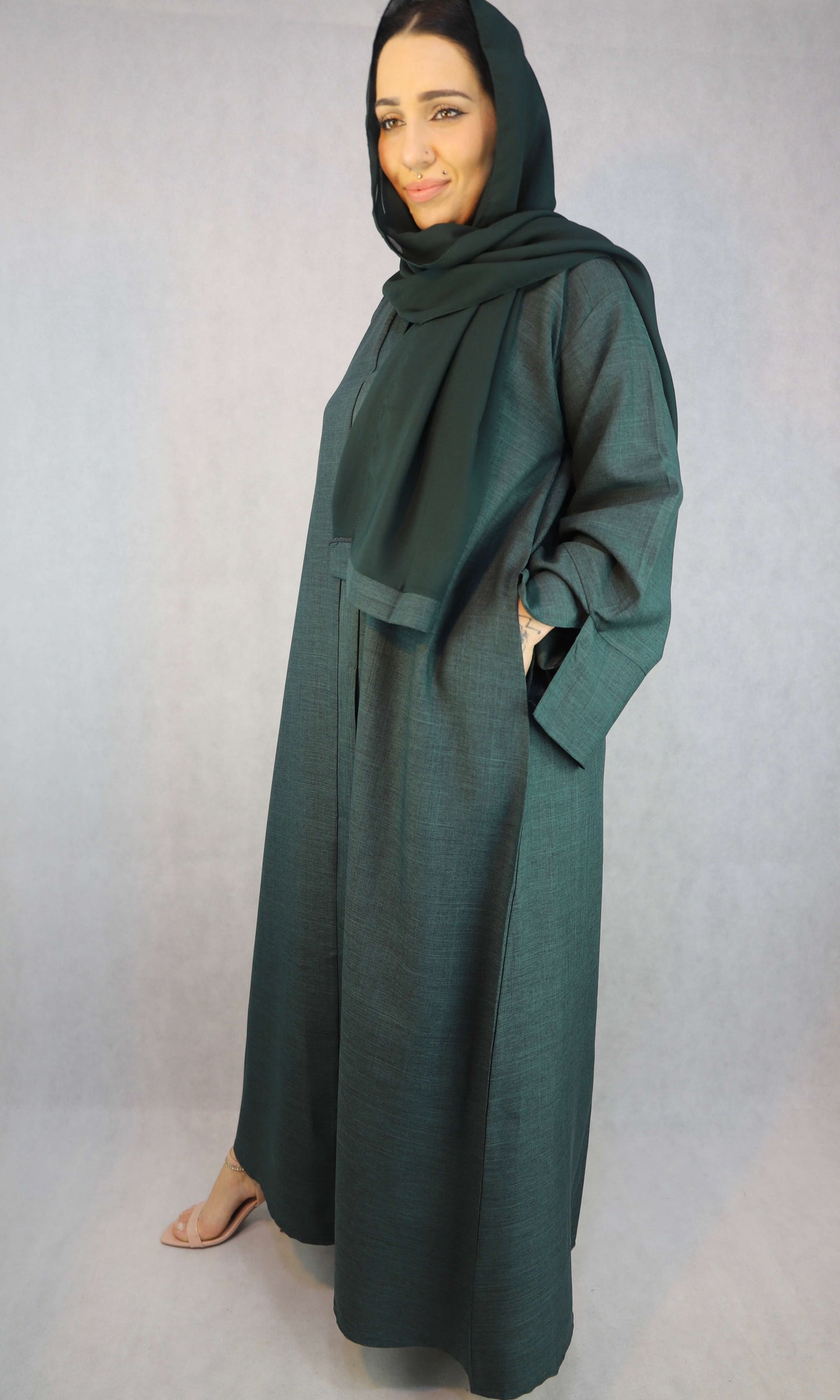 Lina open Abaya in Forest Green Elegant Design.