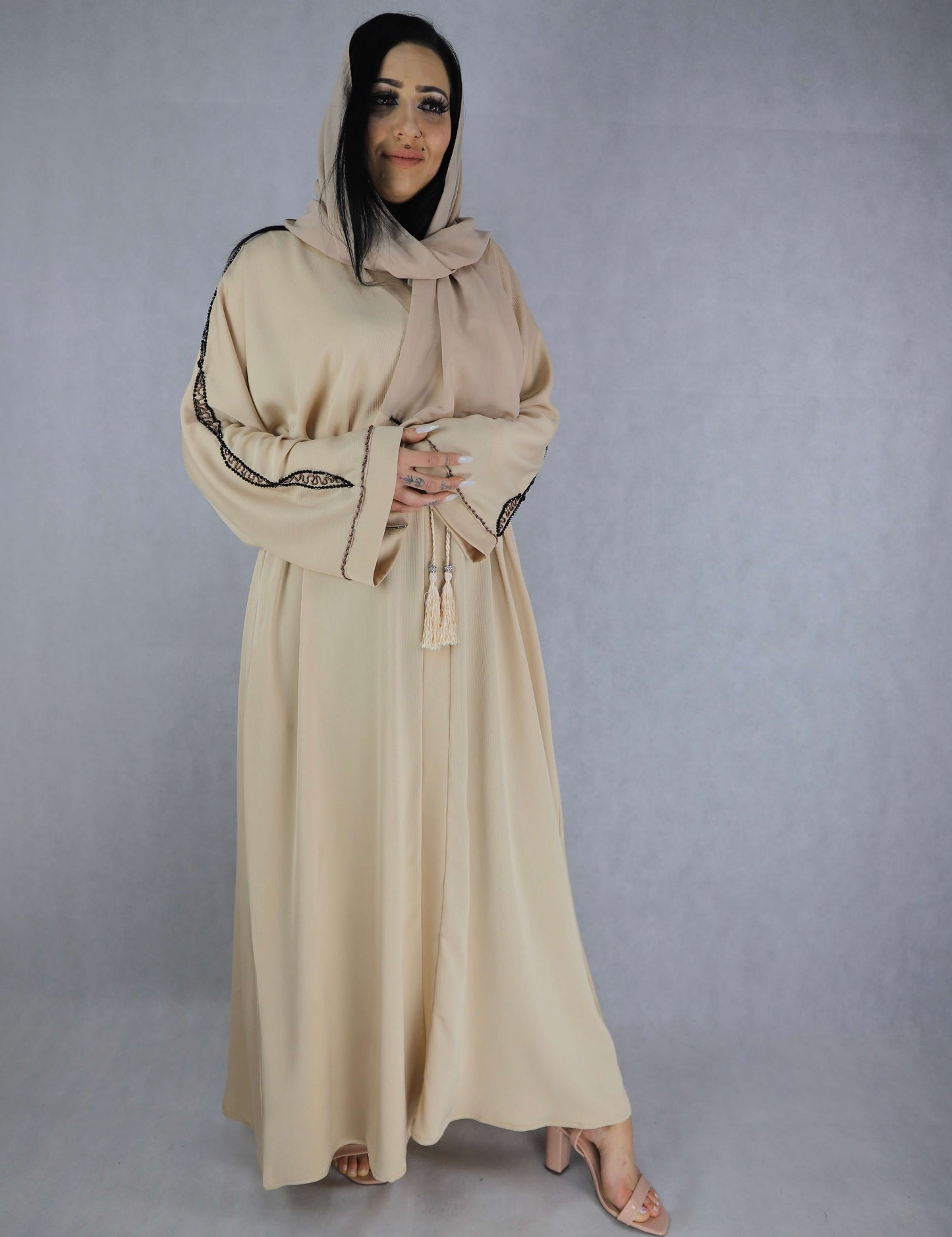 Handwork Cream Color Abaya Luxurious Open Abayas.