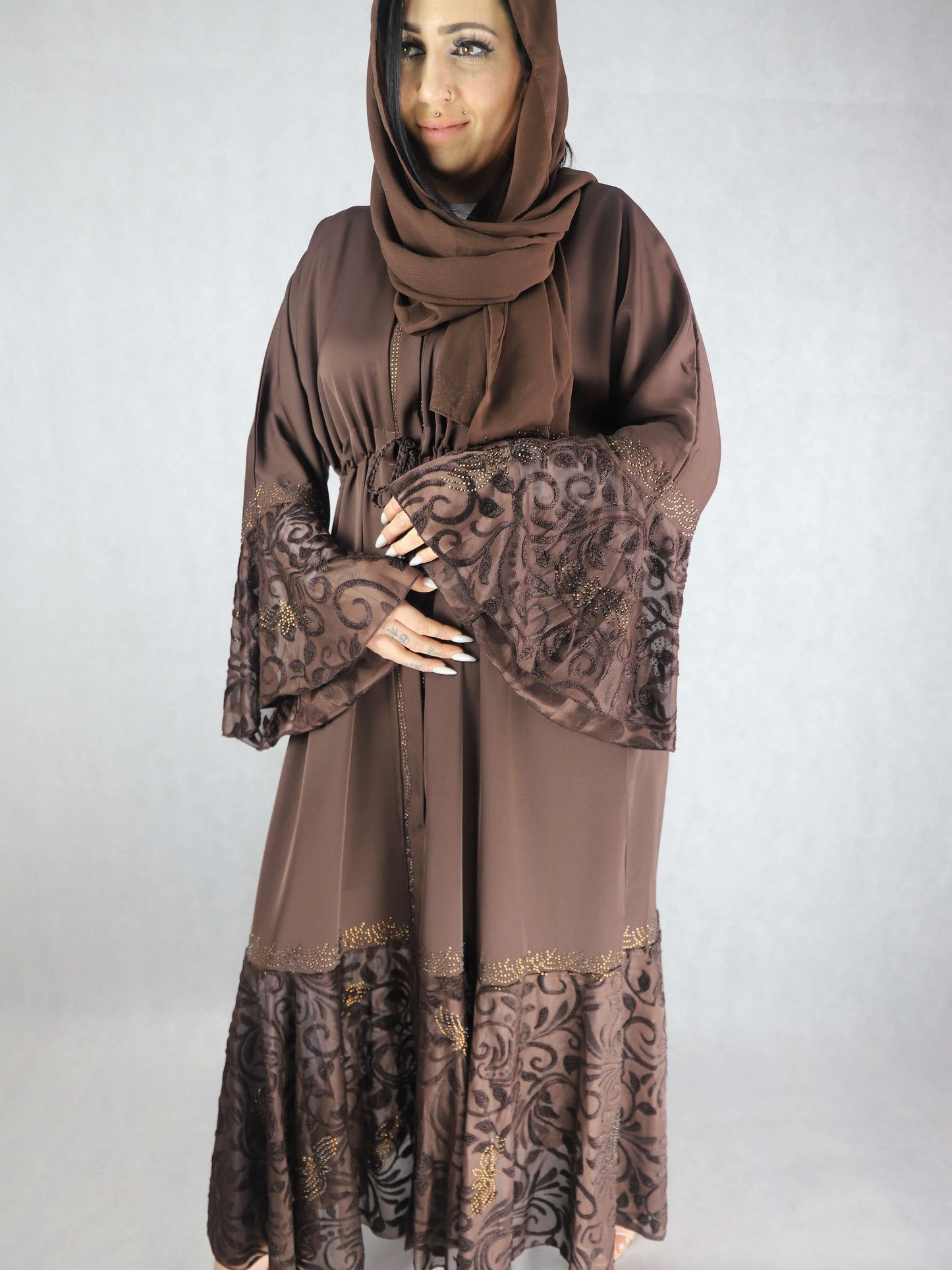 Classic brown Nida material  Floral abaya  Dress For Women
