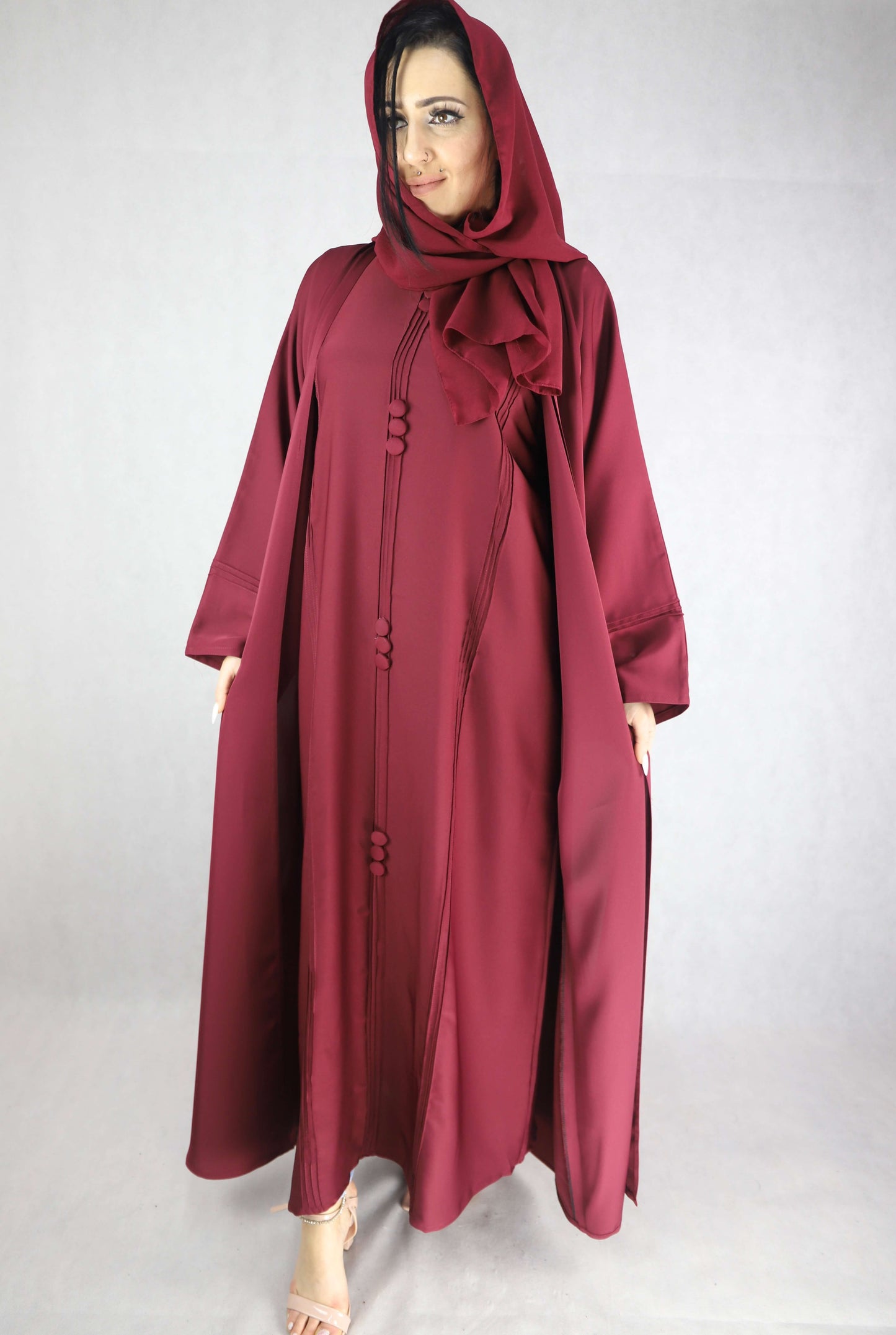 Simple Yet Elegant Four Piece Maroon Colour Abaya.