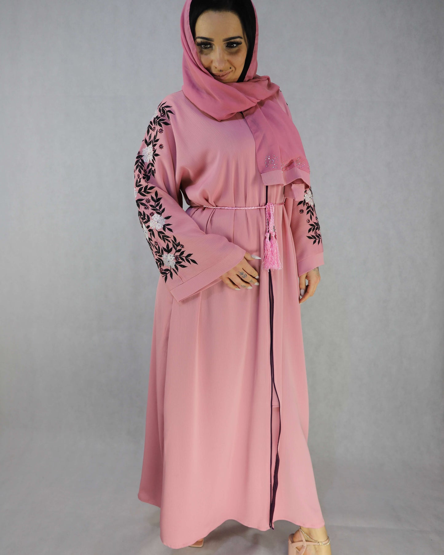 Embroidery Abaya With Stonework, Open Pink Abaya.