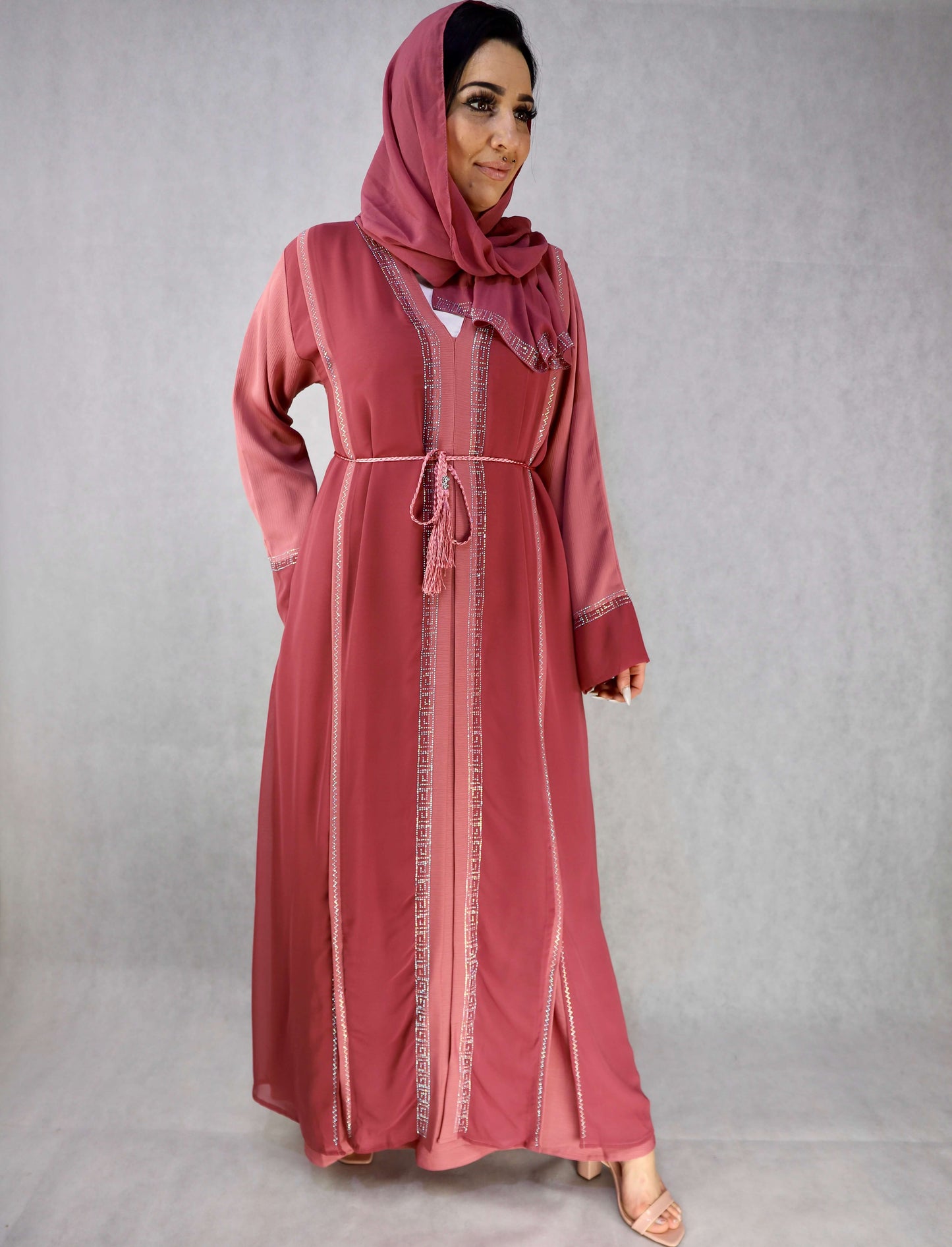 Pink Colour  Zoom And Chiffon Stonework Abaya