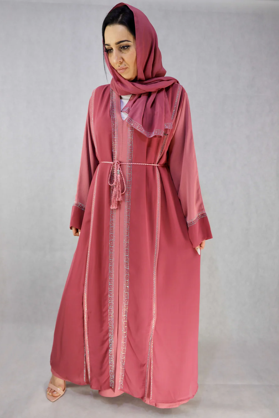 Pink Colour  Zoom And Chiffon Stonework Abaya.