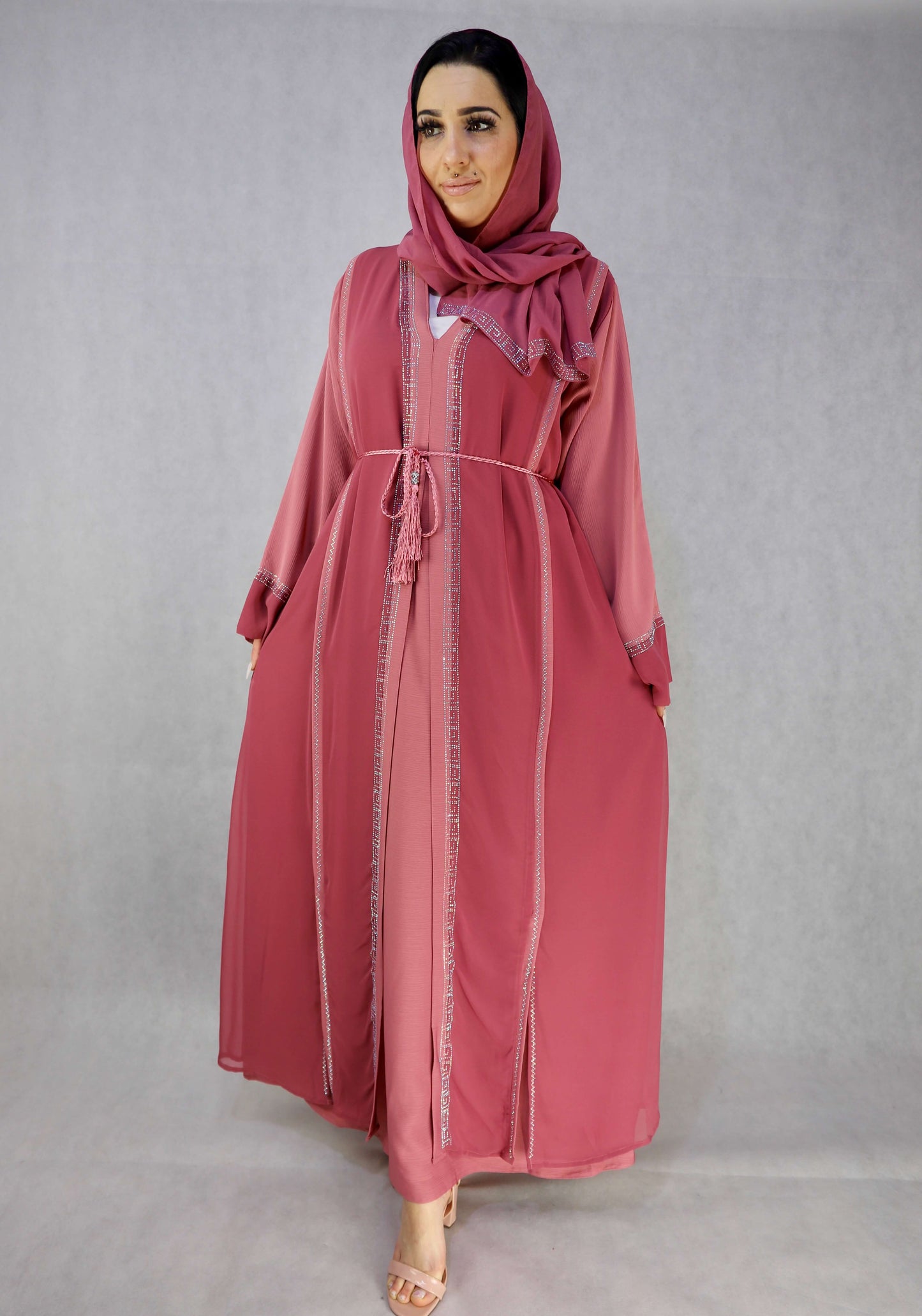 Pink Colour  Zoom And Chiffon Stonework Abaya