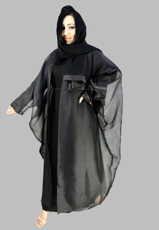 Elegant Black Butterfly Abaya With Stonework Modest Dresses For Women.
