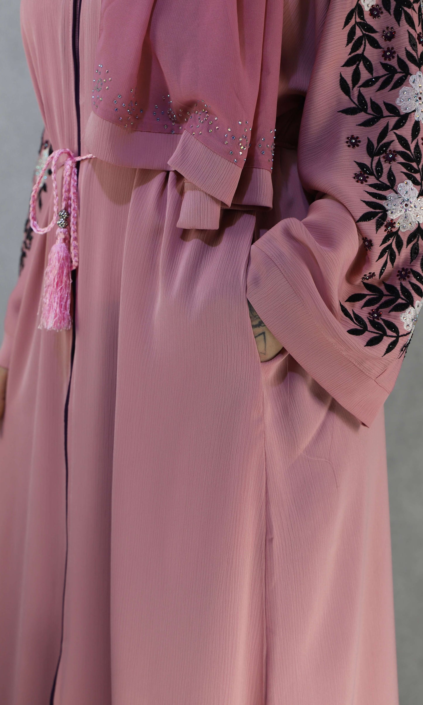 Embroidery Abaya With Stonework, Open Pink Abaya.