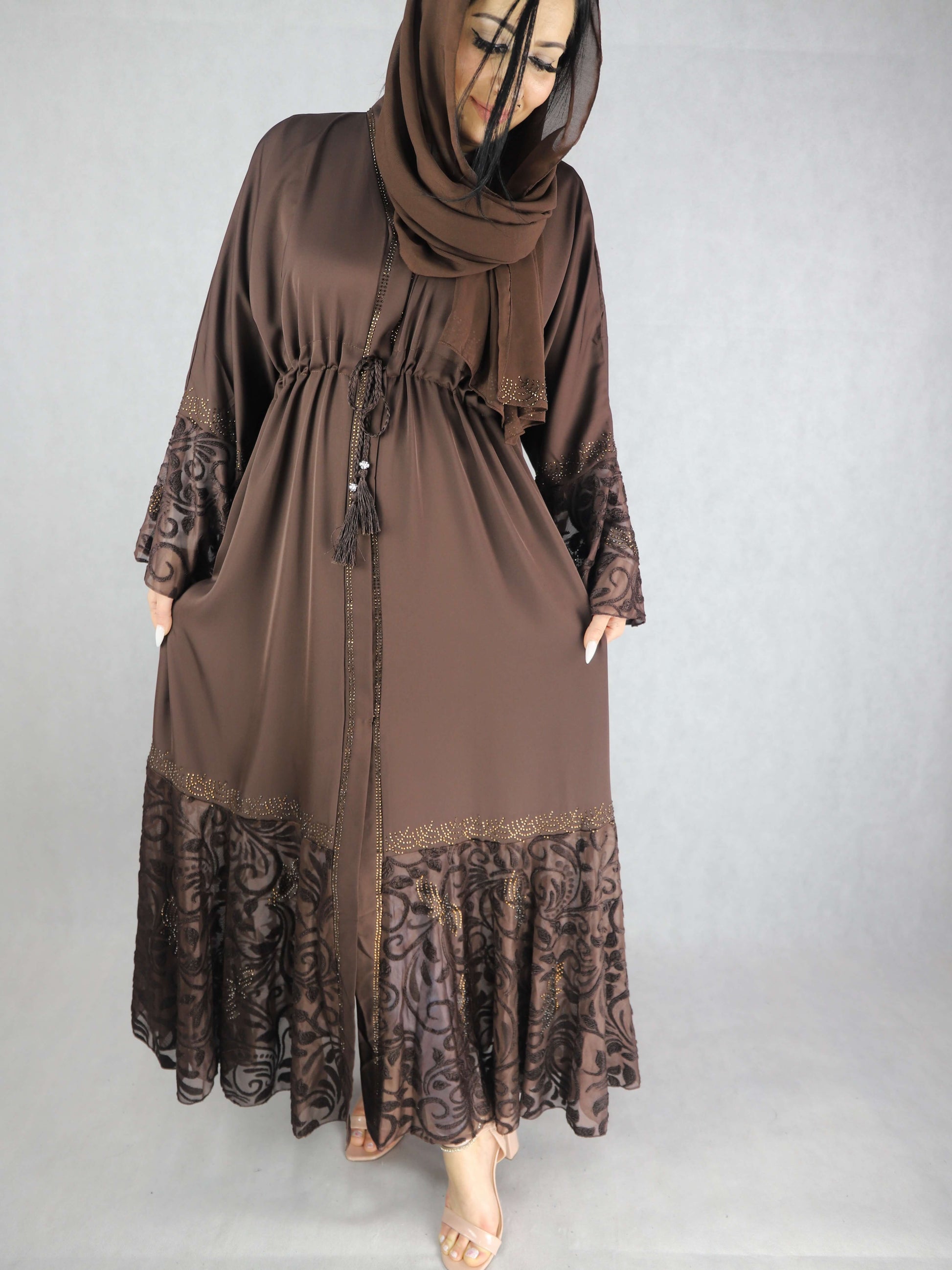 Classic brown Nida material  Floral abaya  Dress For Women