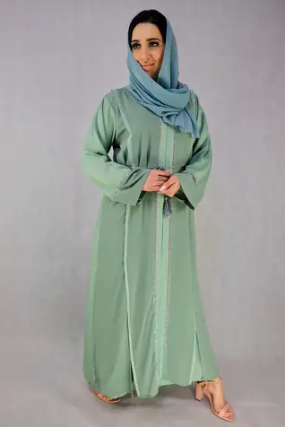 chiffon abaya cloth material mint color Abayas with stonework. Al Siab chiffon abaya cloth material mint color Abayas with stonework. Al Siab