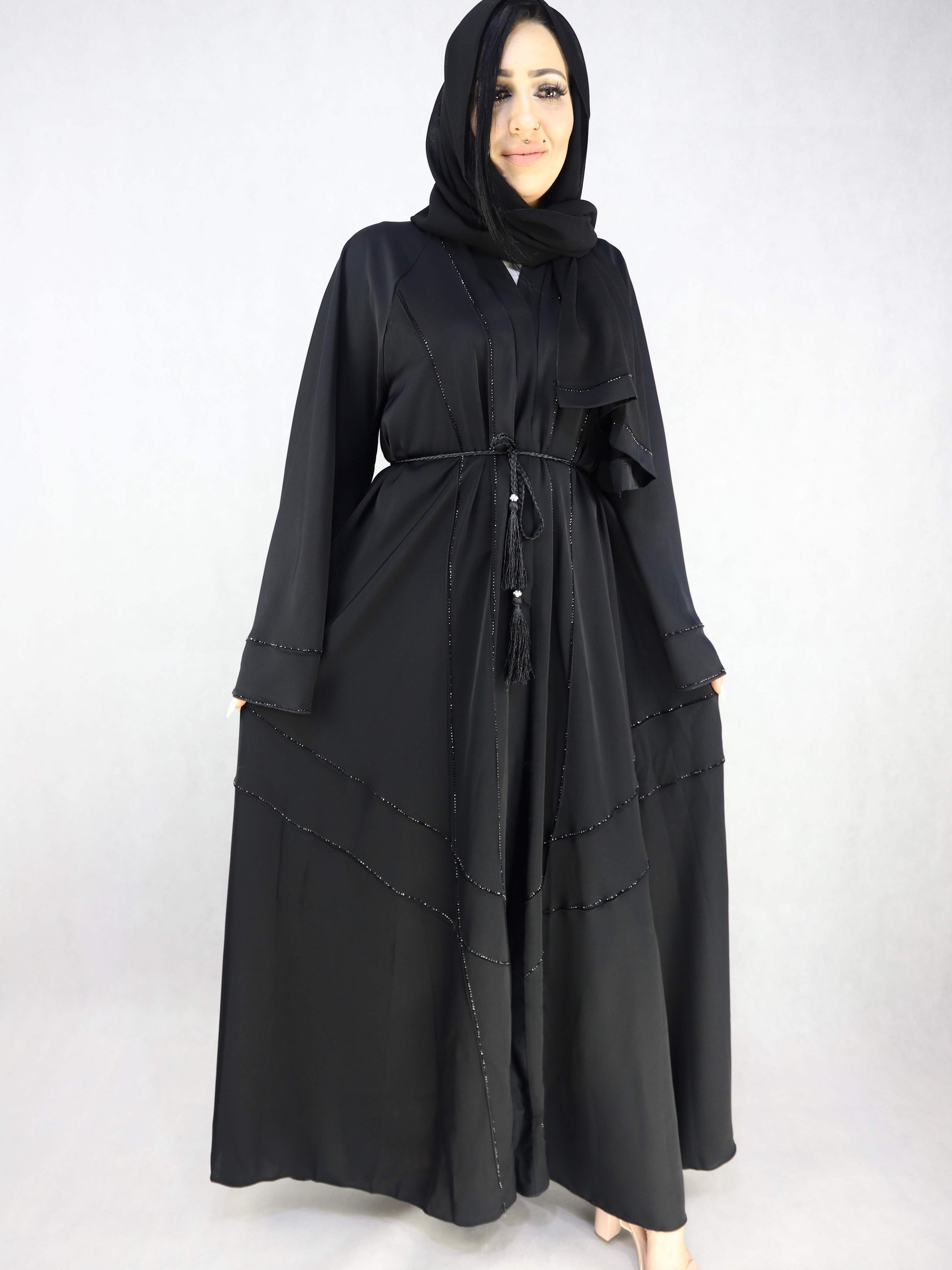Nida material three pieces open abaya. Black colour