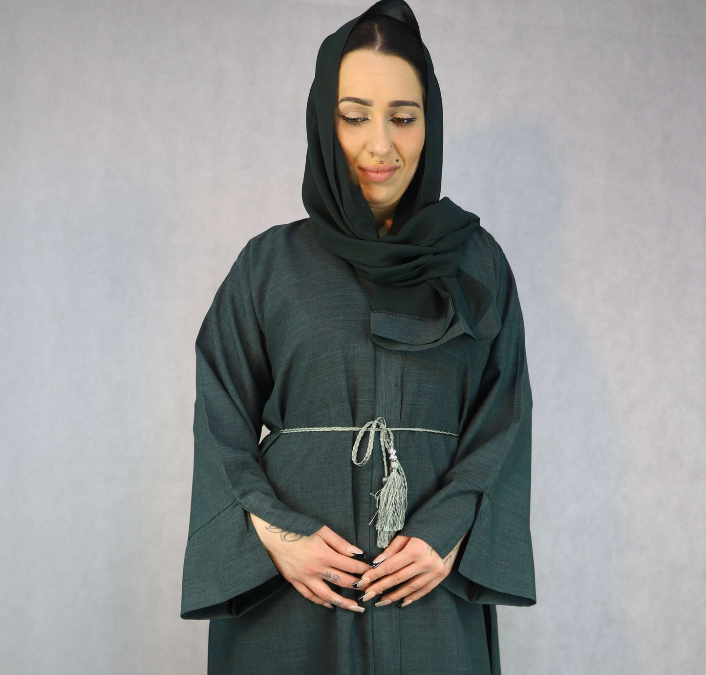 Lina open Abaya in Forest Green Elegant Design.
