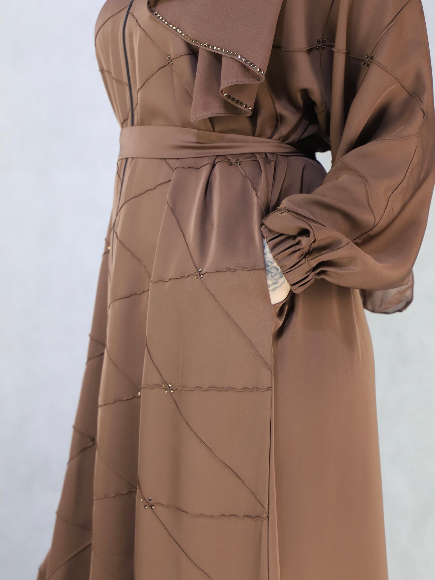 Brown color open abaya with zip going down Modest abaya