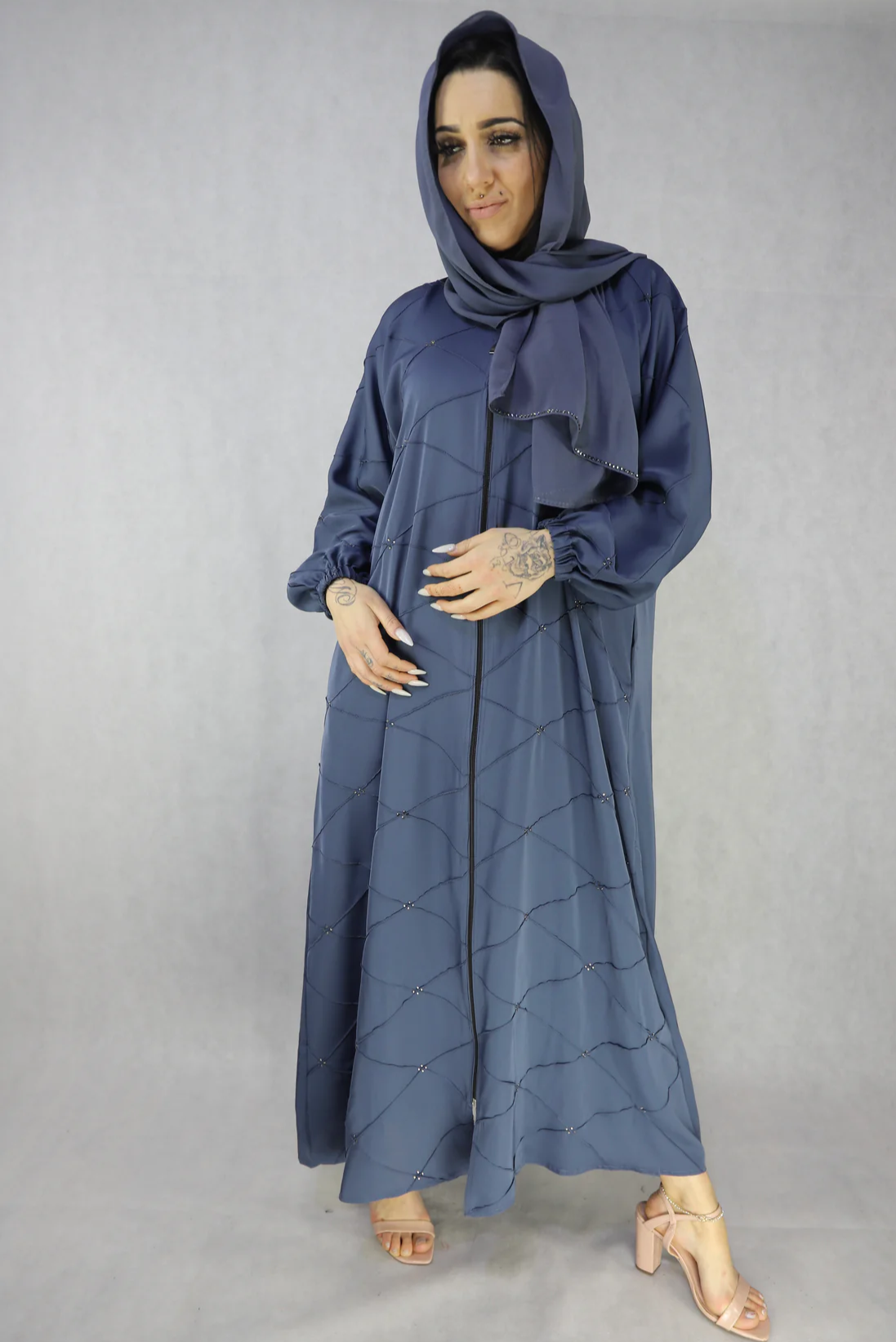 Blue Color abaya with zip going down, modest Abaya For Women