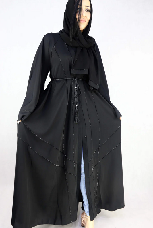 Nida material three pieces open abaya. Black colour.