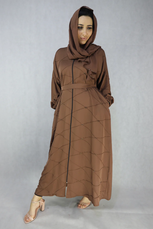 Brown color open abaya with zip going down Modest abaya