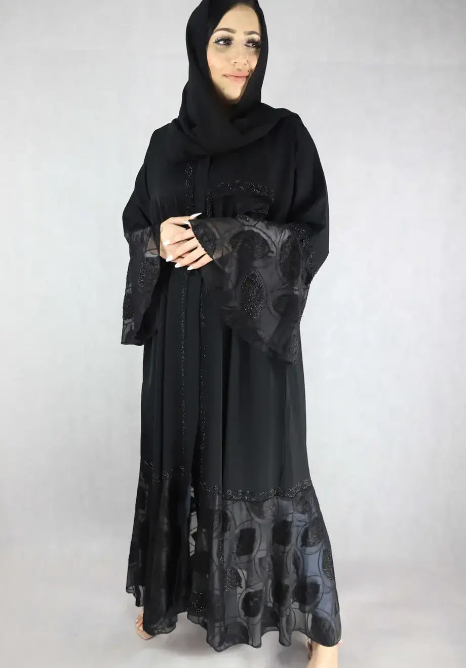 Classic Islamic Abaya Nida Fabric Abaya With Flared Lace.