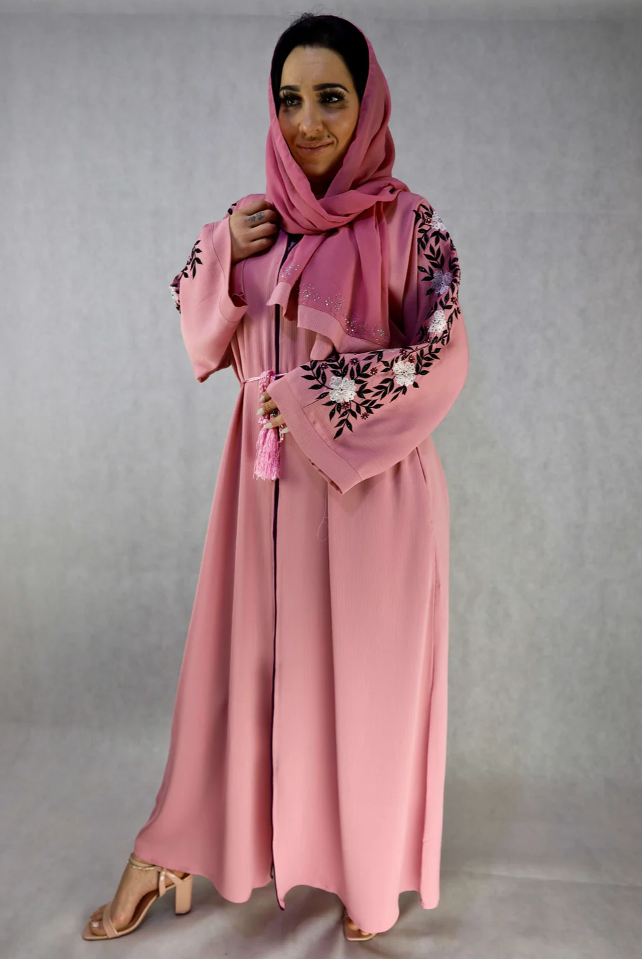 Embroidery Abaya With Stonework, Open Pink Abaya.