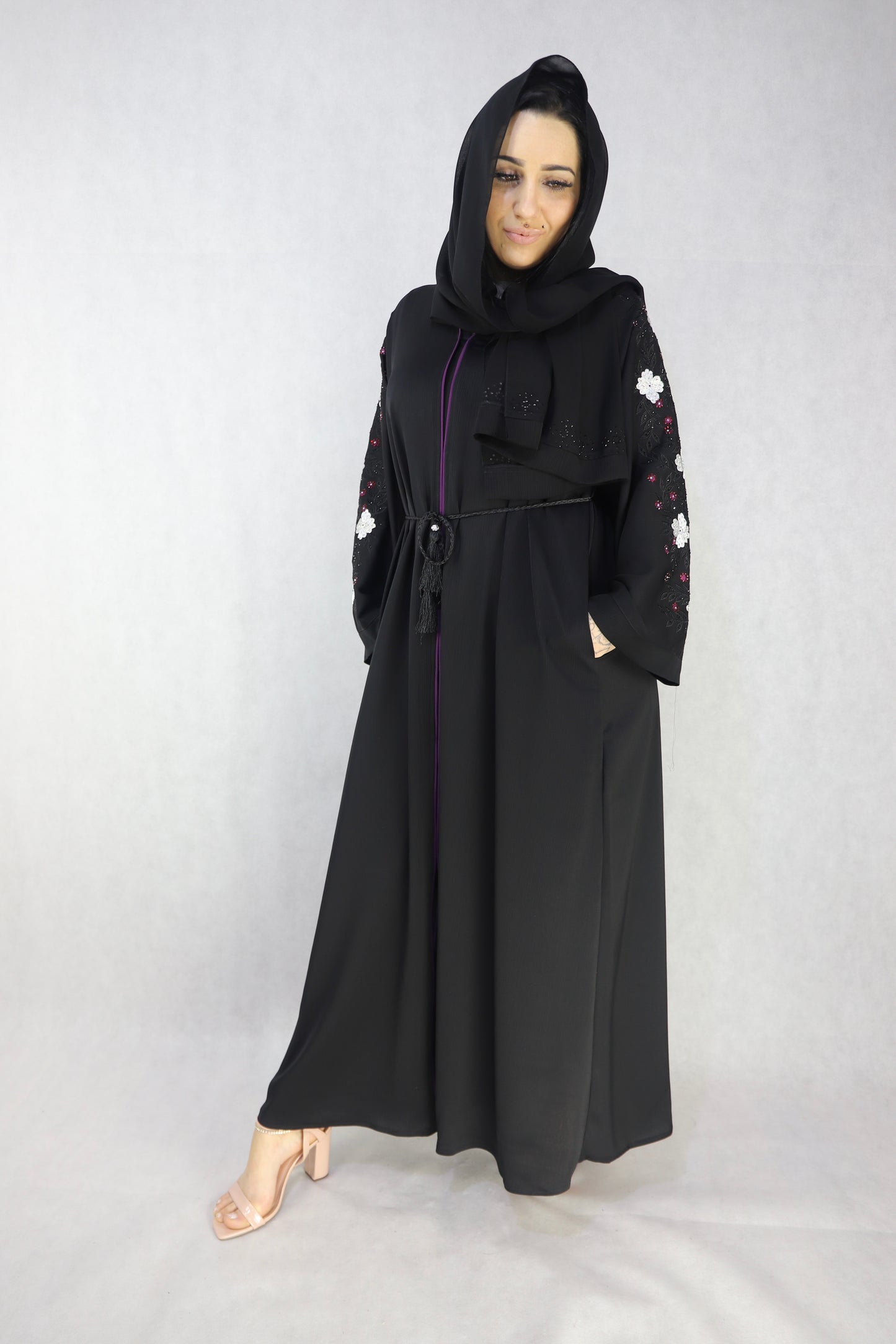 Embroidery Abaya And Stonework, Black Open Abaya.