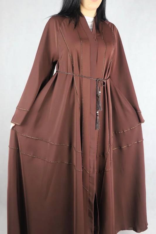 Nida Abaya Material Chocolate Colour Three Pieces Open Abaya.