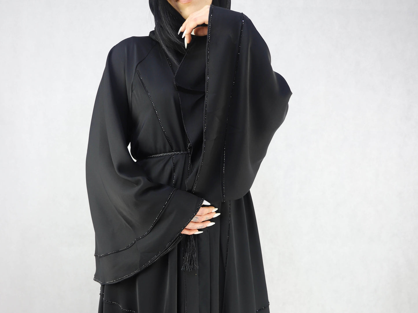 Nida material three pieces open abaya. Black colour