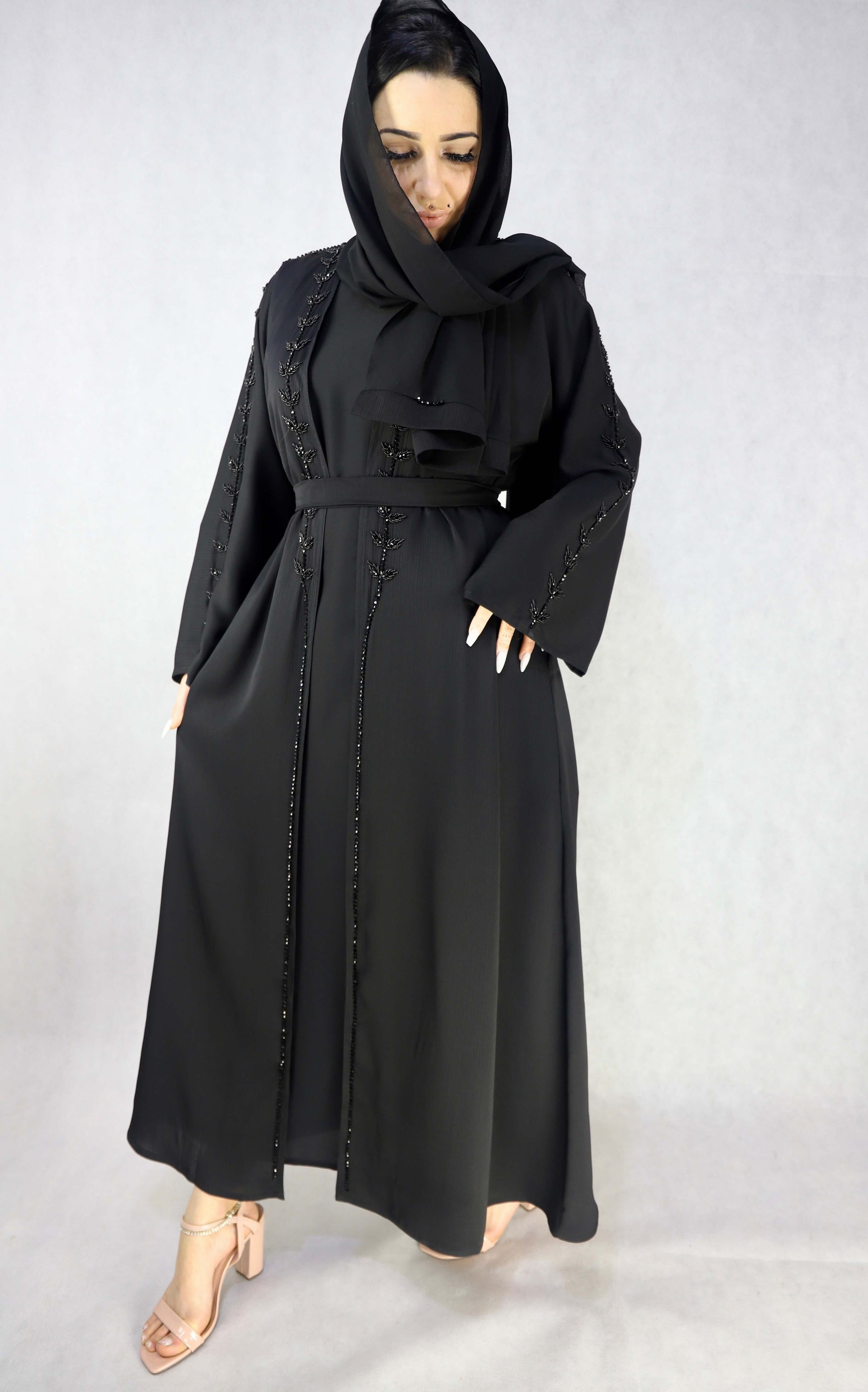 Party Wear Black Abaya With Inner Slip Dress, Beautiful Stone Handwork