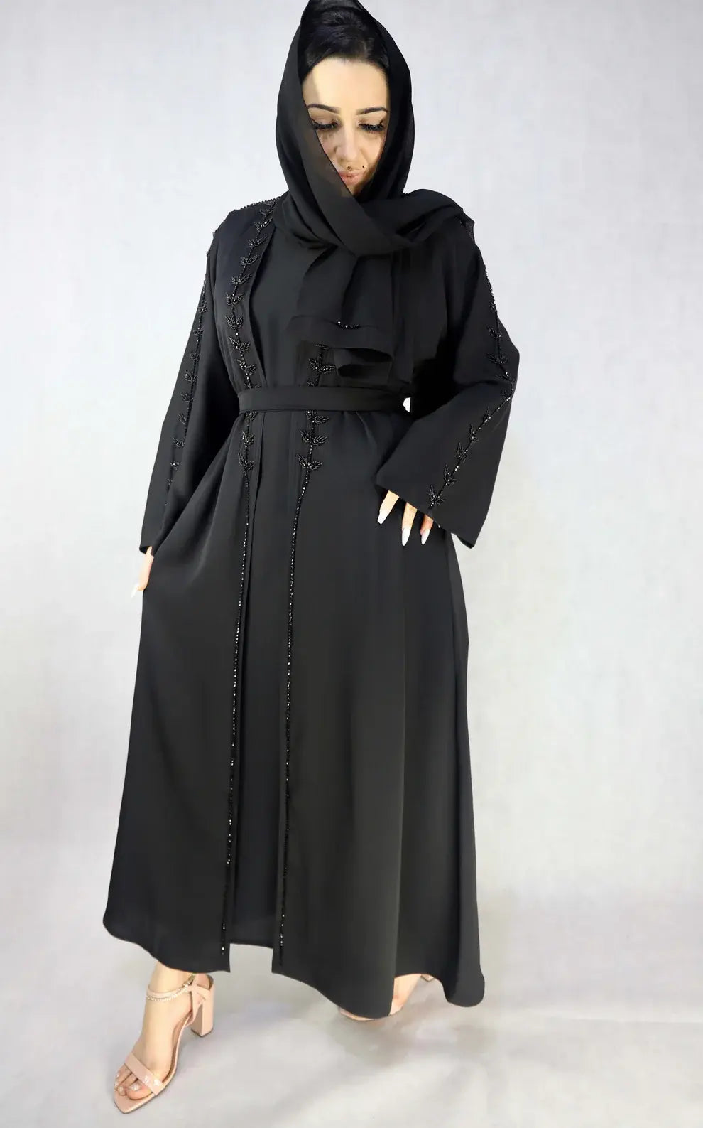 Party Wear Black Abaya With Inner Slip Dress, Beautiful Stone Handwork.