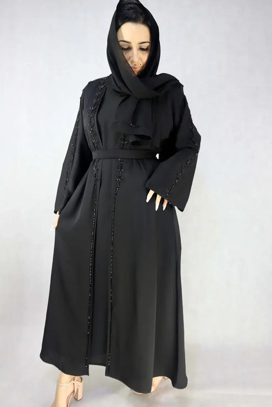 Party Wear Black Abaya With Inner Slip Dress, Beautiful Stone Handwork.