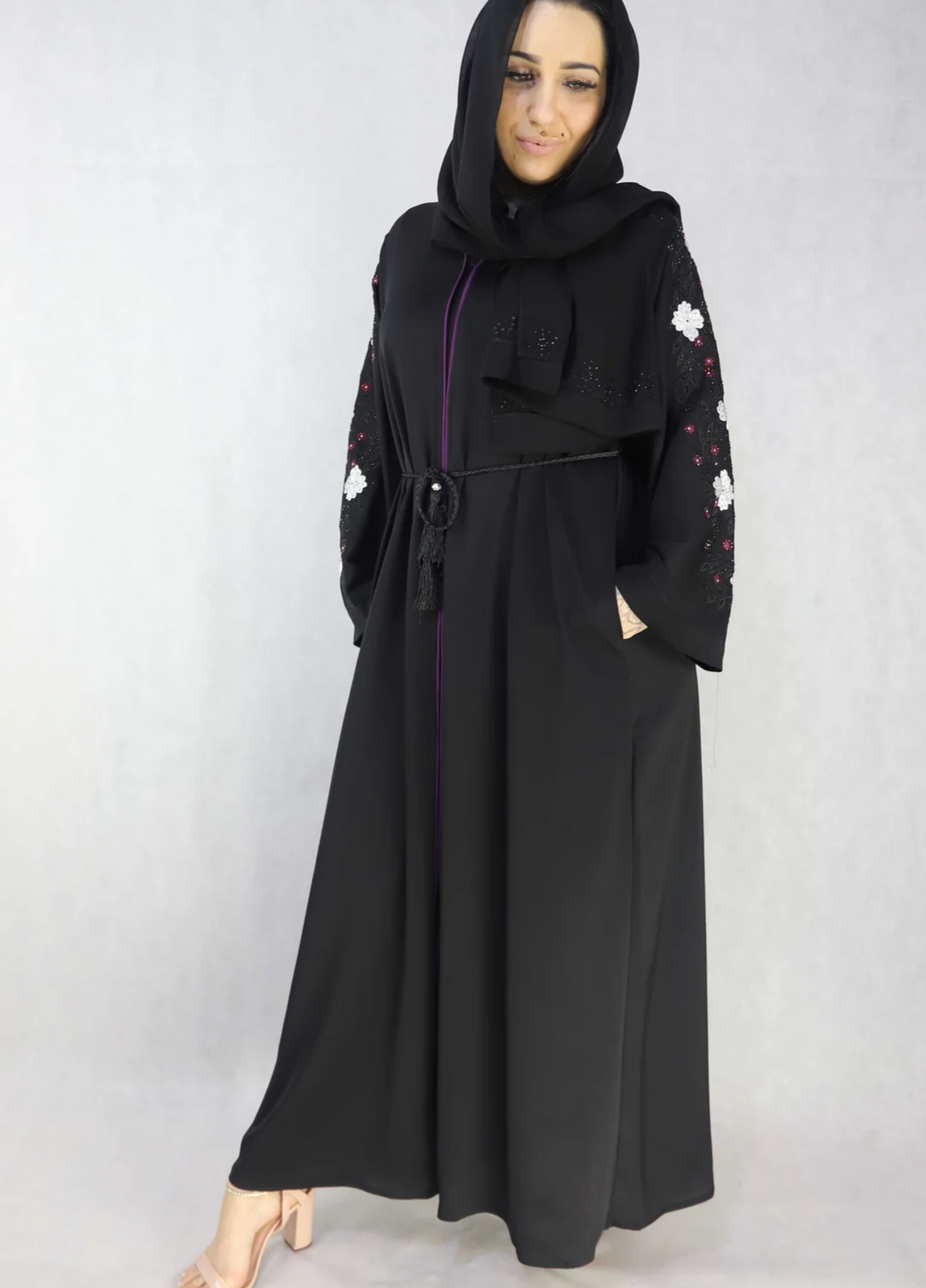 Embroidery Abaya And Stonework, Black Open Abaya.